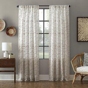 Geometric Embroidery Mid-Century Modern Natural Linen Blend Curtains